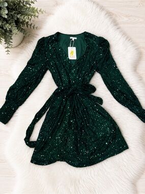 GBG Los Angeles Dark Green Sequin Wrap Dress